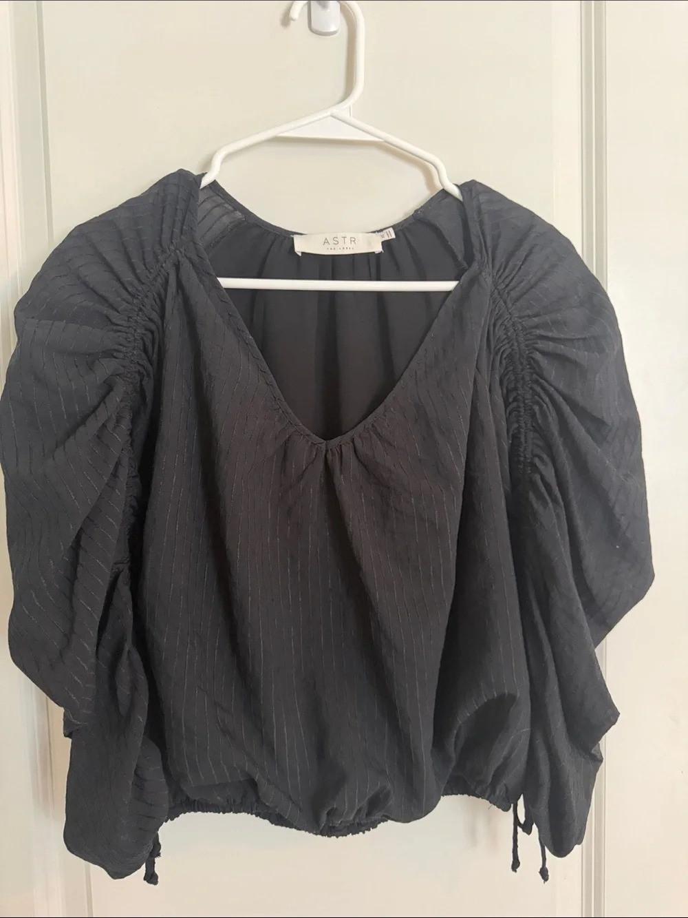 Astr Black Pinstripe V-Neck Puff Sleeve Top